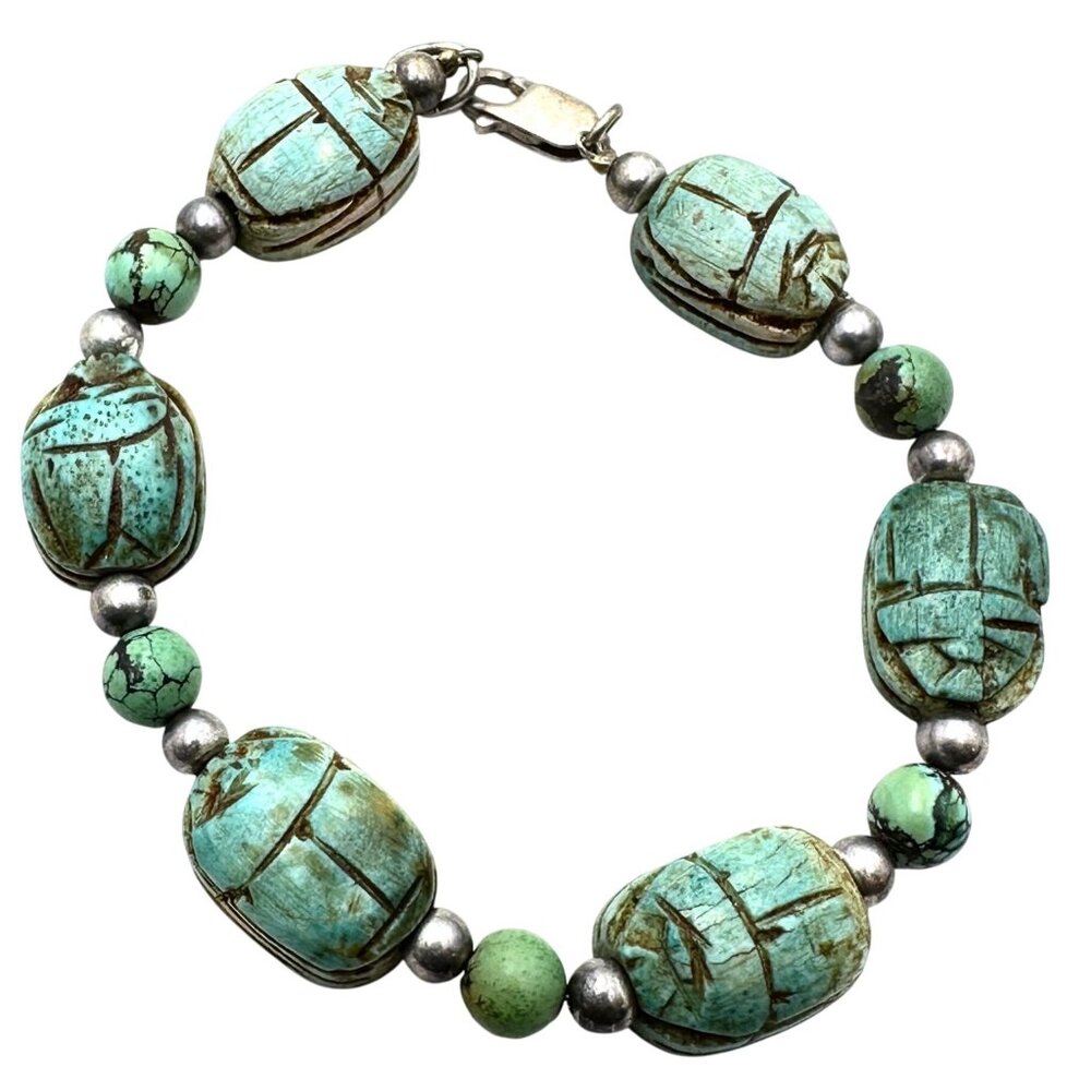 Rare Vintage Carved Blue Green Turquoise Scarb Sterling Silver Bracelet 8 Inch